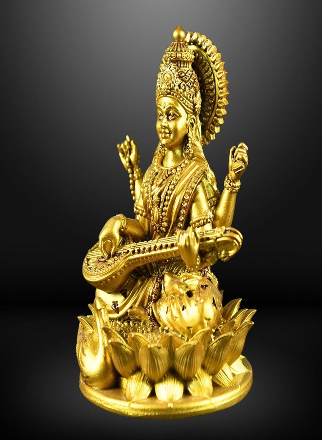 NEEANN Saraswati Devi Idol 4.5 Inches Material Polystone Statue - Painted Brass, Antique Silver & White Finish Veena Vadini Maa Saraswati Murti Vasant Panchami for Home & Office Decor (Brass) - Image 4